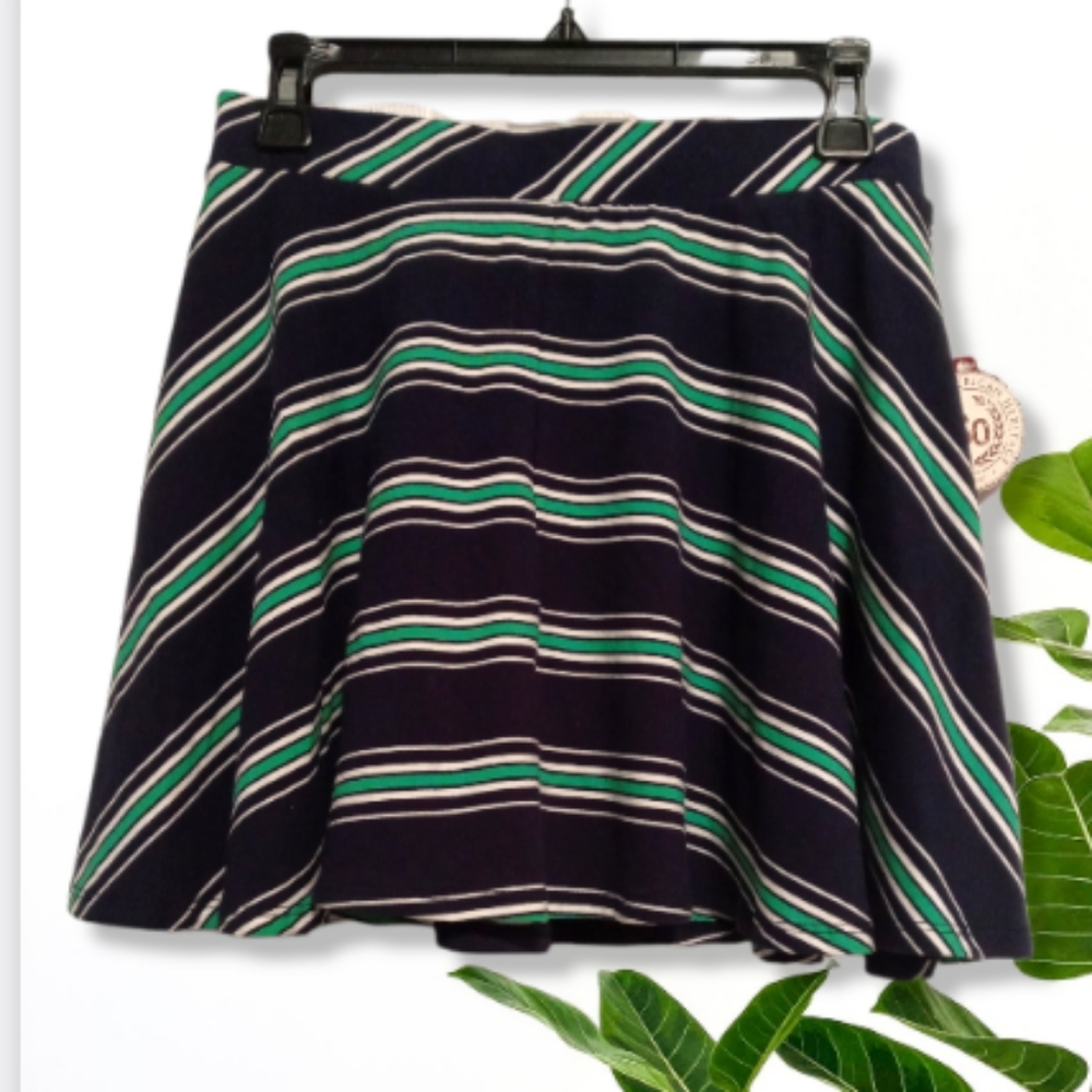 NWT Navy with Green & White Stripes A line Skater Skirt Juniors Sz Large